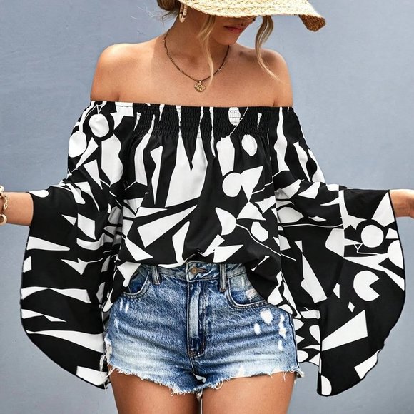Boho Geo Print Off Shoulder Flounce Sleeve Blouse Black And White - Picture 2 of 5